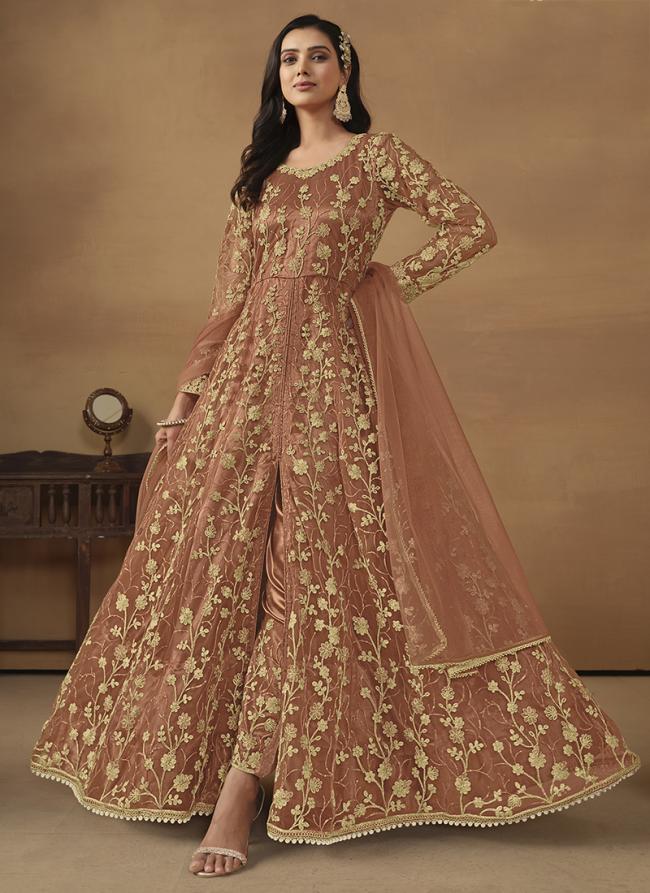 Net Orange Wedding Wear Embroidery Work Anarkali Suit